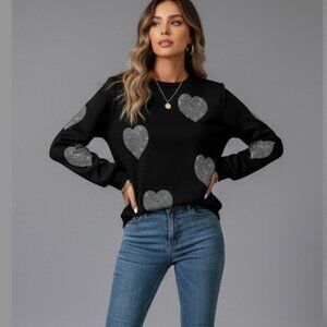 Rhinestone Heart Pattern Crew Neck Sweatshirt Black